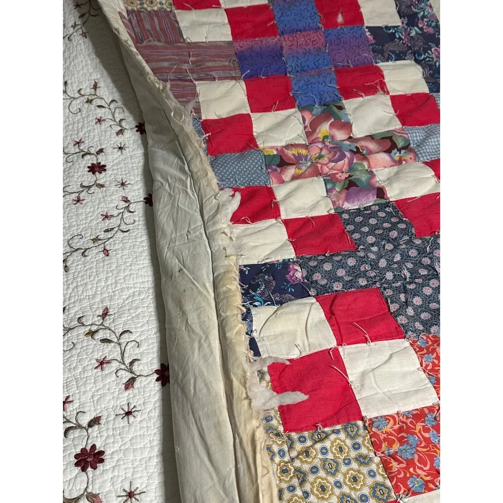Vintage Hand Tied Patchwork Cutter Quilt Red Multicolor 75x67 Farmhouse